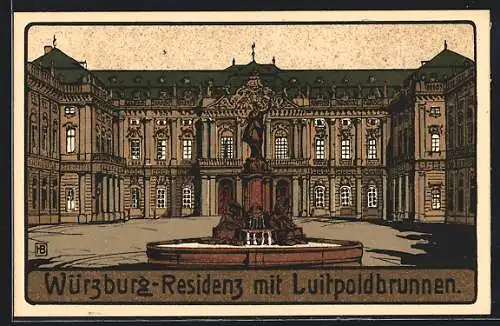 Steindruck-AK Würzburg, Residenz mit Luitpoldbrunnen