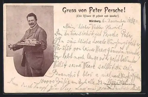 AK Würzburg, Peter Persche mit Verkaufsware, Reklame