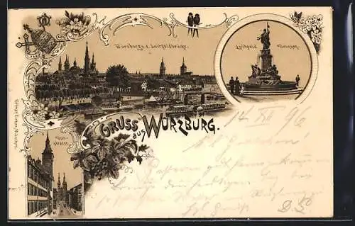 Lithographie Würzburg, Luitpold Brunnen, Dom Strasse, v. d. Luitpoldbrücke
