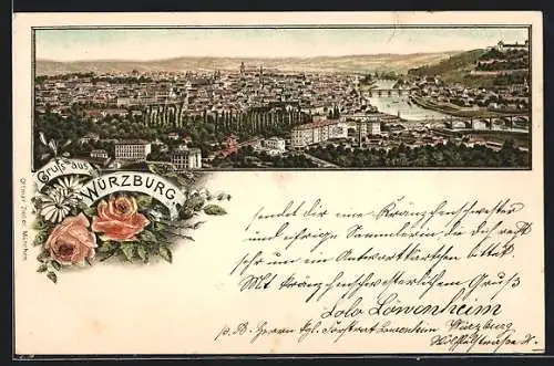 Lithographie Würzburg, Totalansicht mit Kirchtürmen, Schloss und Flusspartie