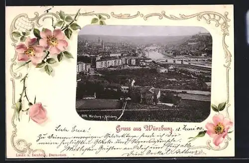 AK Würzburg, Gesamtansicht vom Steinberg aus, im floralen Passepartout