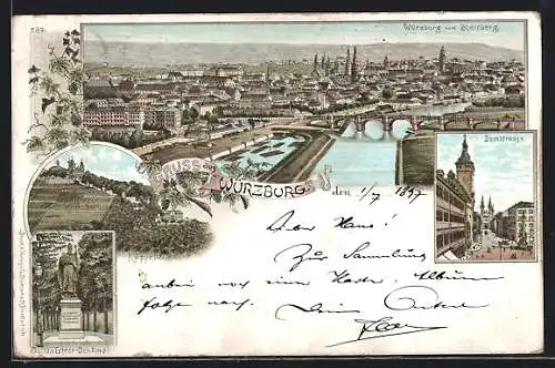 Lithographie Würzburg, Domstrasse, Käpple und Panorama