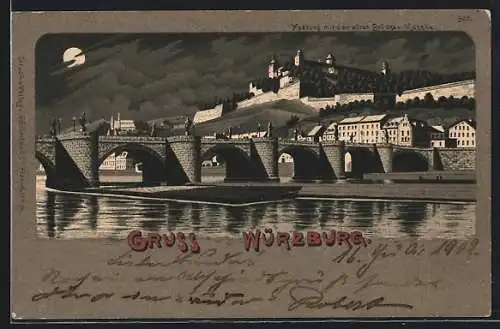 Mondschein-Lithographie Würzburg, Festung mit der Brücke und Kapelle
