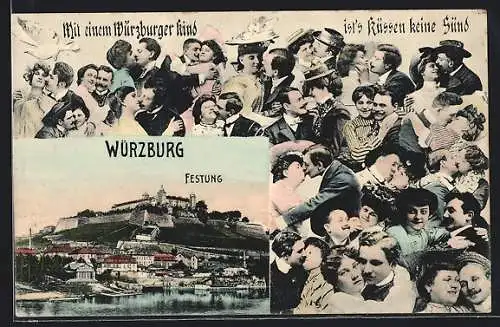Grusskarten-AK Würzburg, Festung, küssende Paare