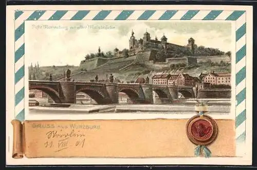 Passepartout-Lithographie Würzburg, Feste Marienberg mit alter Mainbrücke, Urkunde mit Siegel