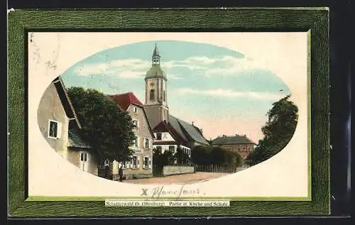 Präge-AK Schutterwald b. Offenburg, Partie mit Kirche und Schule