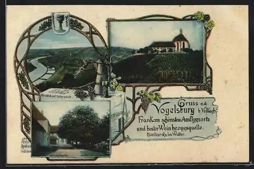 AK Volkach, Gasthaus Vogelsburg, Fernblick auf Escherndorf, Kapelle, Wirtschaftsgarten
