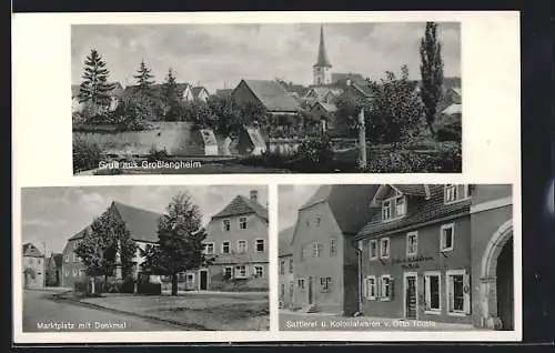 AK Grosslangheim, Sattlerei Kolonialwarenhandlung O. Nicola, Marktplatz mit Denkmal, Ortsansicht