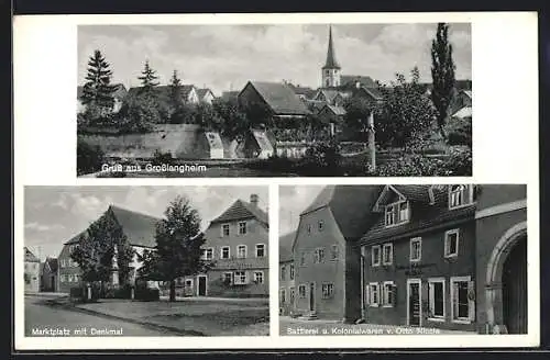 AK Grosslangheim, Sattlerei Kolonialwarenhandlung O. Nicola, Marktplatz mit Denkmal, Ortsansicht