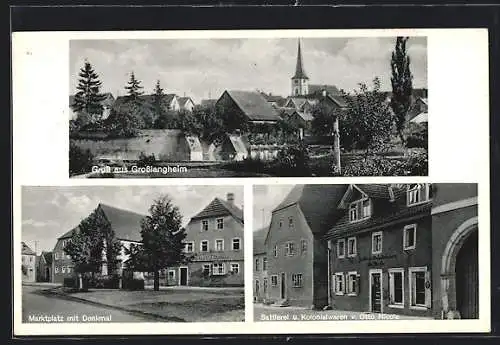 AK Grosslangheim, Sattlerei Kolonialwarenhandlung O. Nicola, Marktplatz mit Denkmal, Ortsansicht