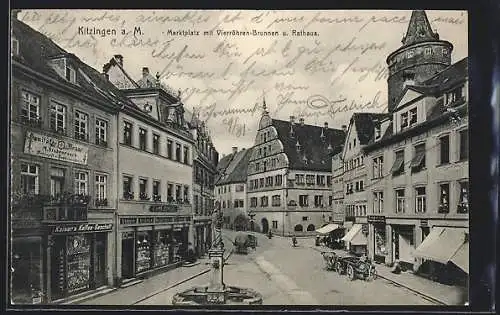 AK Kitzingen a. M., Marktplatz mit Vierröhren-Brunnen und Rathaus