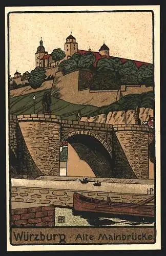 Steindruck-AK Würzburg, Alte Mainbrücke