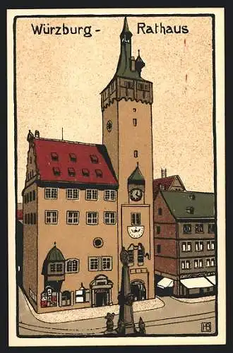 Steindruck-AK Würzburg, Strassenpartie mit dem Rathaus