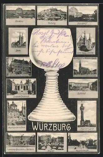 AK Würzburg, Bahnhof, Bischöfliches Palais, Residenz, Festung, Weinglas Römer