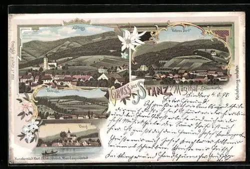 Lithographie Stanz i. Mürzthal, Unteralpl, Teich, Unteres Dorf, Ortsansicht