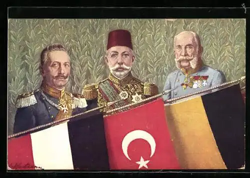 Künstler-AK Kaiser Franz Josef I. von Österreich, Mehmed V., Kaiser Wilhelm II.