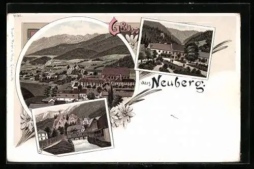 Lithographie Neuberg, Totalansicht aus der Vogelschau