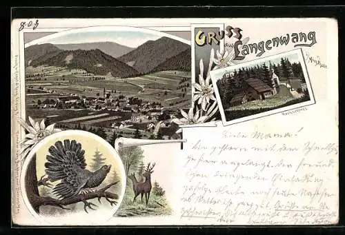 Lithographie Langenwang i. Mürzthale, Ansicht vom Hochschloss, Panoramablick auf das Dorf