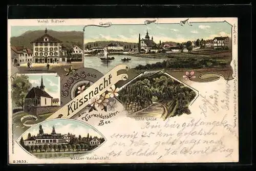 Lithographie Küssnacht, Hotel Adler, Wasserheilanstalt, Hohle Gasse, Tellskapelle, Ortsansicht