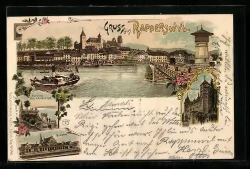 Lithographie Rapperswyl, Bahnhof, Schloss, Ortsansicht mit Dampfer