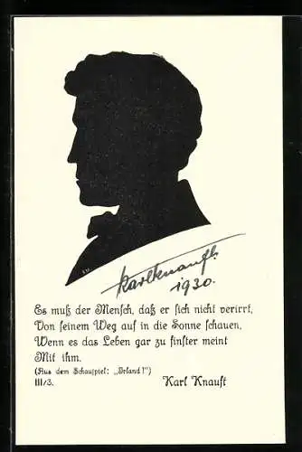 AK Karl Knauft, mit original Autograph, Schriftleitung Der Turmwart, Schattenriss, Vers