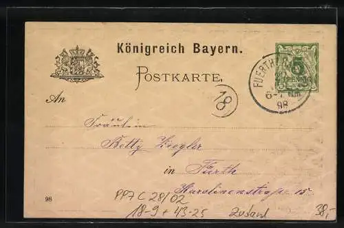 AK Ganzsache Bayern PP7C28 /02: Fürth, IX. Sängerbundesfest 1898, Brunnen