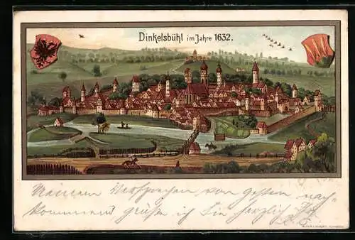 Lithographie Dinkelsbühl, Ortsansicht im Jahre 1632, Wappen, Ganzsache Bayern