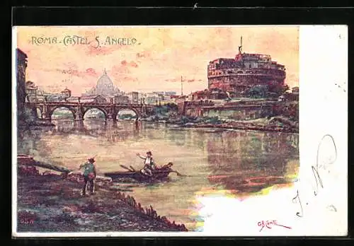 Künstler-AK Rom, Castel Sant`Angelo, Fischer auf dem Wasser
