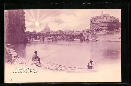 AK Rom, Castel Sant`Angelo e Cupola di S. Pietro, Fischer am Wasser