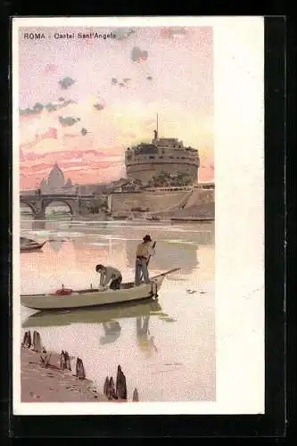 Künstler-AK Rom, Castel Sant`Angelo, Fischer bei der Vorbereitung auf dem Wasser