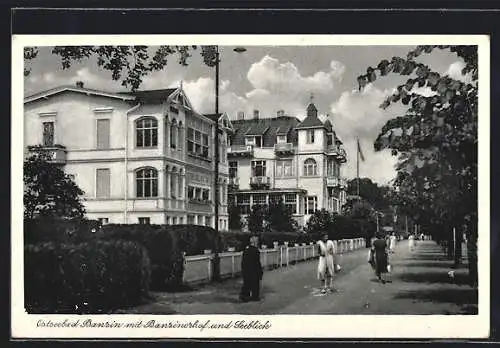 AK Bansin, Bansinerhof und Seeblick mit Passanten