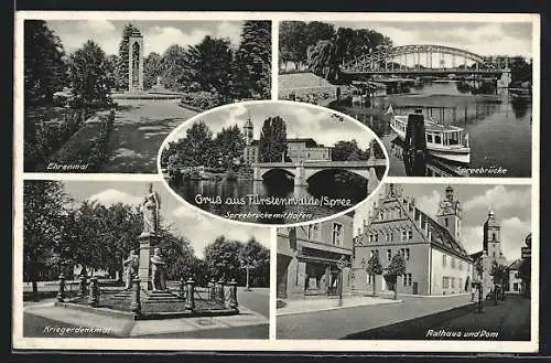 AK Fürstenwalde, Ehrenmal, Spreebrücke mit Hafen, Rathaus und Dom