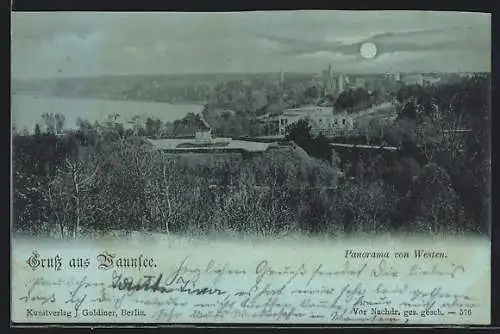 Mondschein-AK Berlin-Wannsee, Panorama von Westen