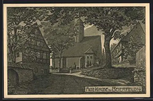 Künstler-AK Beierfeld i. E., Alte Kirche mit Strassenpartie
