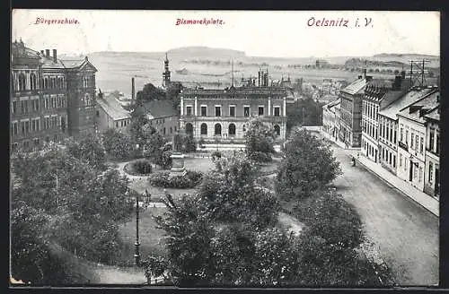 AK Oelsnitz i. V., Bismarckplatz mit Bürgerschule