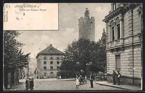 AK Pössneck, Strassenpartie mit weissem Turm