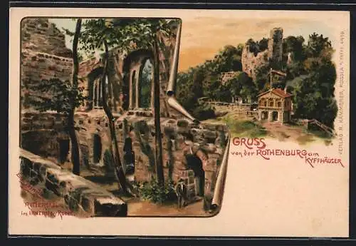 Lithographie Rothenburg am Kyffhäuser, Rittersaal im Innern der Ruine
