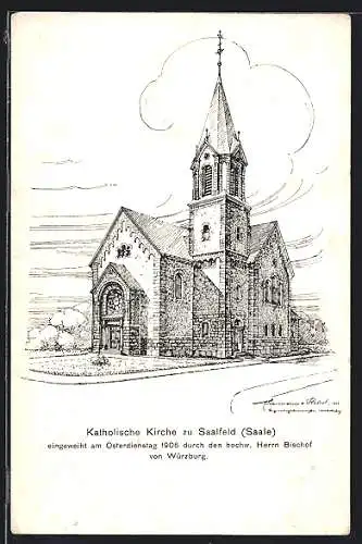 Künstler-AK Saalfeld /Saale, Katholische Kirche, eingeweiht 1906