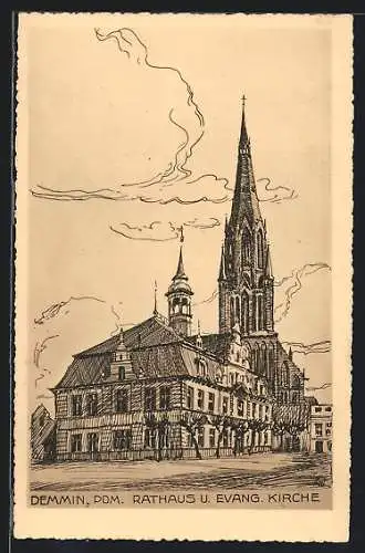 Künstler-AK Demmin, Rathaus und evangelische Kirche