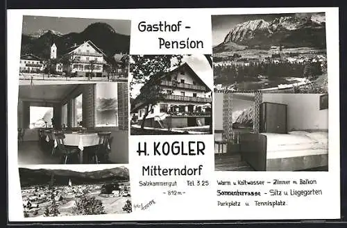 AK Bad Mitterndorf, Gasthof-Pension H. Kogler mit Blick nach dem Gebirge, Speisesaal und Schlafzimmer