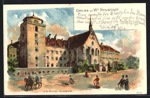 Lithographie Wr. Neustadt, K. K. Militär-Akademie mit Strasse, Reiter