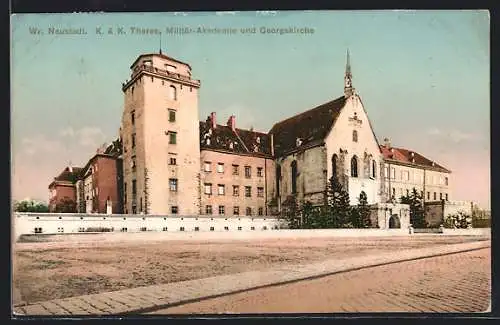 AK Wr.-Neustadt, K. u. k. Theres. Militär-Akademie und Georgskirche mit Strasse