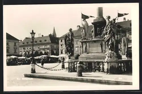 AK Wr. Neustadt, Hauptplatz, Säulenbrunnen mit Blick auf Marktstände