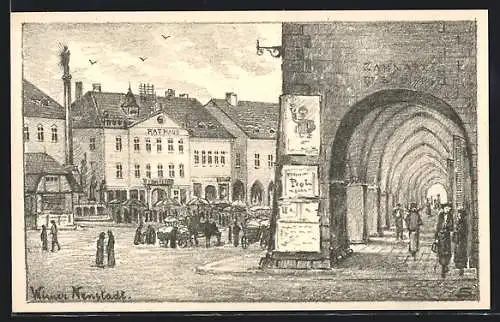 Künstler-AK Wiener Neustadt, Hauptplatz mit Arkadengang und Marktbetrieb