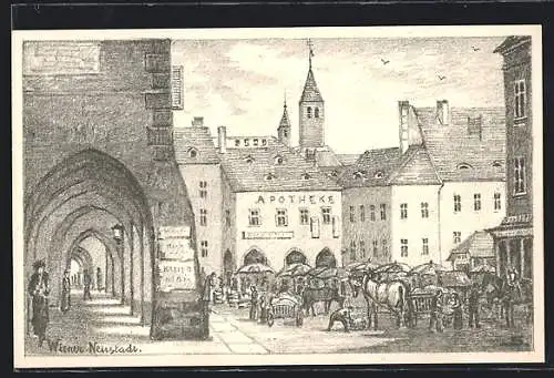 Künstler-AK Wiener Neustadt, Hauptplatz mit Arkadengang, Apotheke und Marktbetrieb