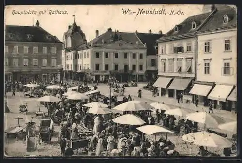 AK Wiener Neustadt, Hauptplatz mit Rathaus am Markttag