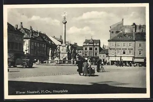 AK Wr. Neustadt, Hauptplatz, Ansicht mit Mariensäule, LKW