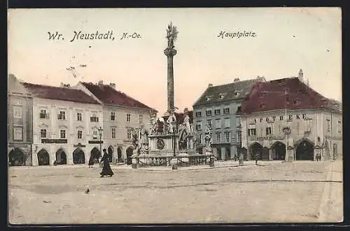 AK Wr. Neustadt, Hauptplatz-Partie mit Arkaden und Säulendenkmal