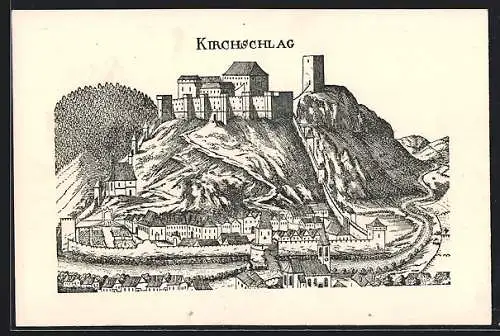 Künstler-AK Kirchschlag, Ortsansicht mit Burg von 1672