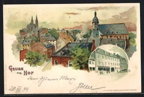 Lithographie Hof, Hotel zum Weissen Lamm, Strassenansicht von oben